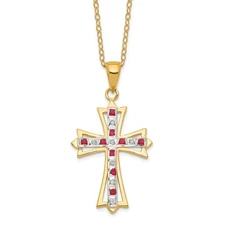 Sterling Silver 18K Gold Diamond & Ruby Cross Necklace 18 In 2.15 g