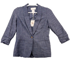 LC Lauren Conrad Shawl Collar Blazer Women XS Blue Ruched 3/4 Sleeve Linen Blend