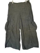 Match Point 100% Linen Wide Leg Pants Black Made in USA Boho Lagenlook Pockets M