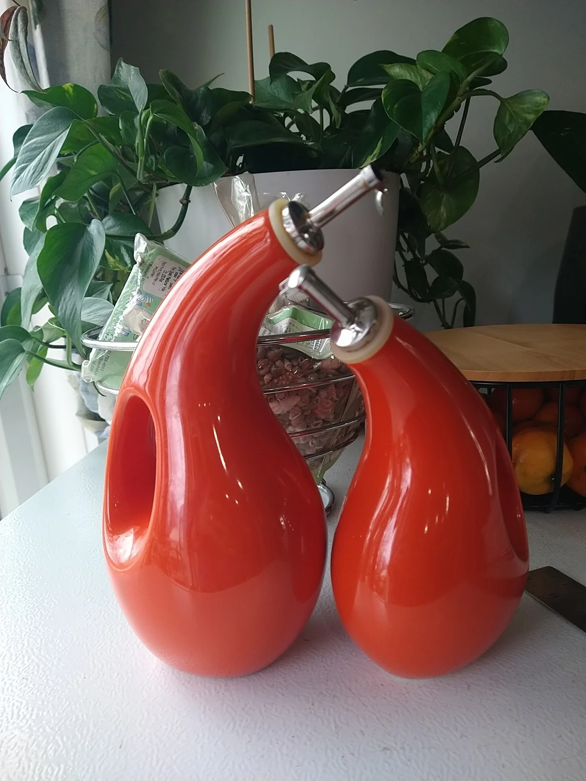 Rachel Ray EVOO & Vinegar Stoneware Bottles Set Orange 24 & 13 oz USED ORANGE