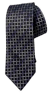 MEXX 100% Silk Men's Tie Silver & Purple squares on Black 60x3 6/8''