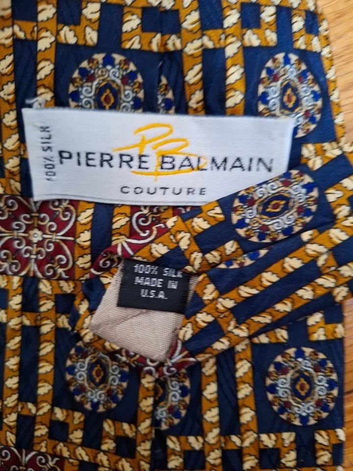 Corbata de Colección Pierre Balmain Couture Seda Clásica FAT Cuello EE. UU. Geométrica Hoja de Oro Foto 4 de 4
