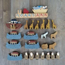 Handcrafted Wooden Noah's Ark Shelf Sitting Decor Set with Animals and Figures