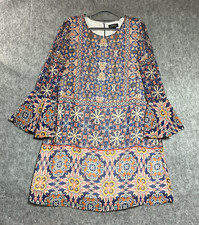 Tahari Dress Womens Medium Blue Geometric Bell Sleeve Capsule Cottage Coastal