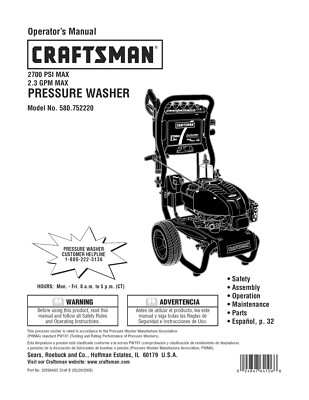 #ad #ad Owners Manual amp; Parts List Craftsman 2700 PSI Pressure Washer Model 580.752220 $19.95