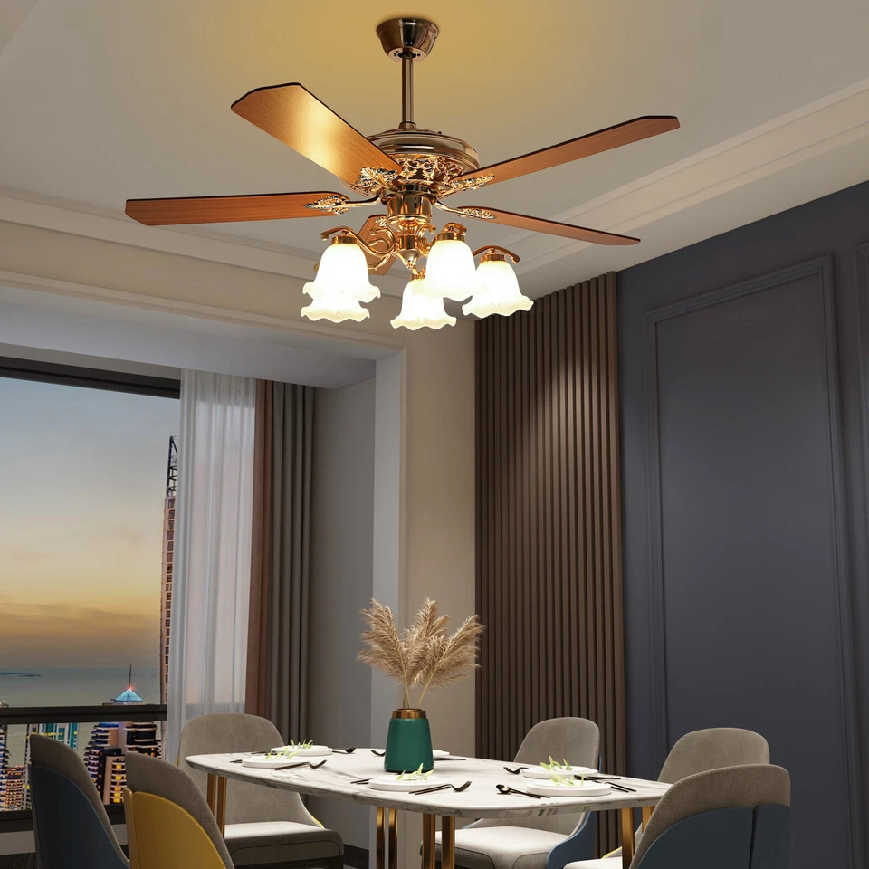 52" Modern Ceiling Fan Light 5 Wood Blades Lamp Chandelier 3 Speeds w/ Remote - Image 2 of 4