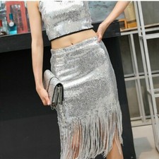 Gonna Midi Slim Con Frange Di Paillettes Lucida Per Danza