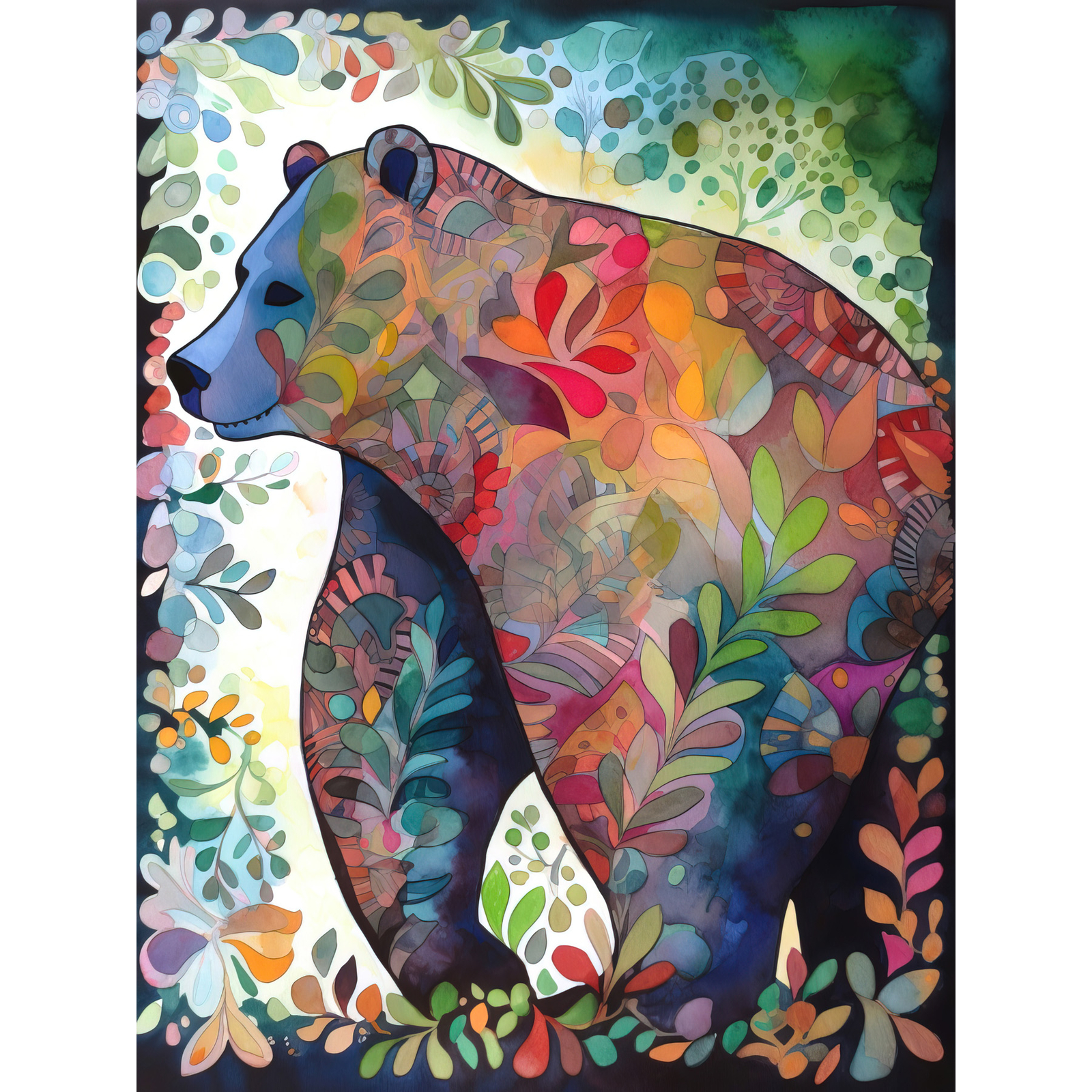 Grizzly Bear Botanical Patterns Modern Folk Art Huge Wall Art Poster Print Giant
