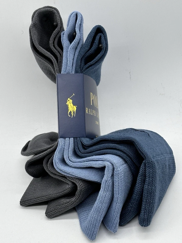 НОВЫЙ 3 ПАРЫ УПАКОВКИ POLO RALPH LAUREN МУЖСКОЙ ЭКИПАЖА НОСКИ РАЗМЕР 6-12,5 СИНИЙ / СЕРЫЙ - Изображение 3 из 4