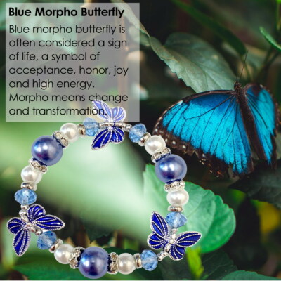Butterfly Bracelet Woman Stretch Charm Glass Beaded Bracelet Blue
