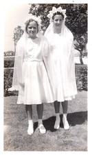 1940s Girls in White Dresses Big Head Crowns Veils Vintage Photo