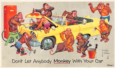 POSTKARTE WERBUNG (USA) PRESTONE ANTI FREEZE LASS NIEMANDEN MONKEY MIT AUTO