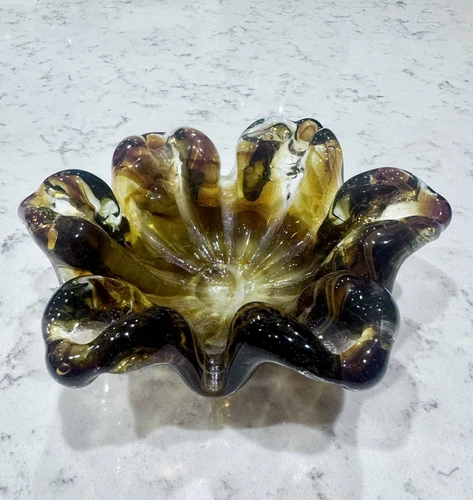Vintage Murano Style Art Glass Ashtray Or Candy Dish Amber Blown