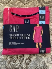 GAP Women Soft Short Sleeve Crew Neck Tiered Dress Pink Magenta Size Large NWT