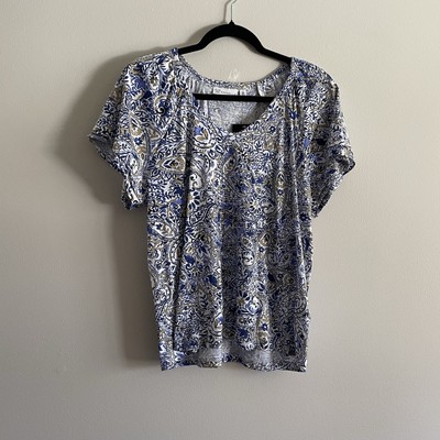 Rafaella Women SZ L Amparo Blue Paisley Short Sleeve V-Neck Pullover Top NWT