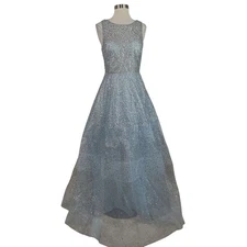 Betsy & Adam Women's Formal Dress Size 4 Blue Sheer Sequined Backless Ball Gown