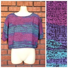 Vintage 80s Rayon Crop Top Size M Boxy Multicolor Muted Jewel Tone USA Made