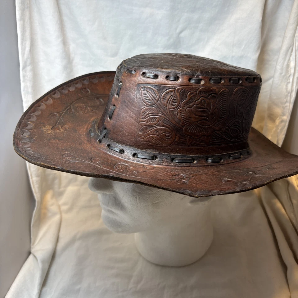 Handmade Leather Tooled Western Rose Hat Cowboy Size Small - measures 21.25 Inch - Image 4 of 4