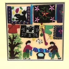 Vintage Japanese Hmong Story Silk Fabric Embroidery Art Framed 8.5&rdquo; Village Life