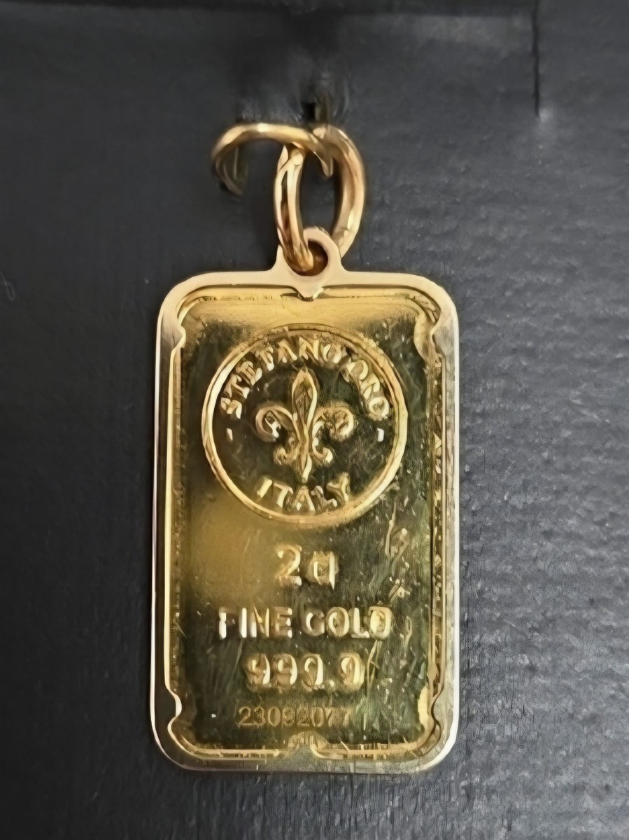24k Gold 2 gram Italian Ingot Pendant with 14k Gold Yellow Gold