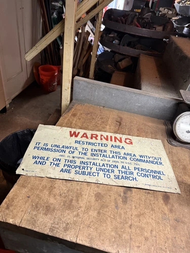 Vintage Original 1974 U.S. Government Warning Restricted Area Metal Tin Sign USA