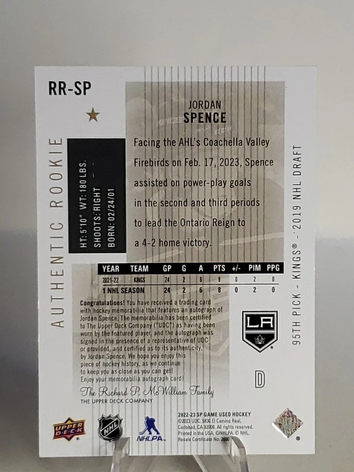 Jordan Spence 2022-23 SP Game Used Authentic Rookie Gold /15 Los Angeles King RC - Image 4 of 4