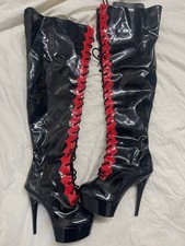 Shiny Black Red Faux Leather Thigh High Stiletto Boots UK Size 5 Full Length 29"