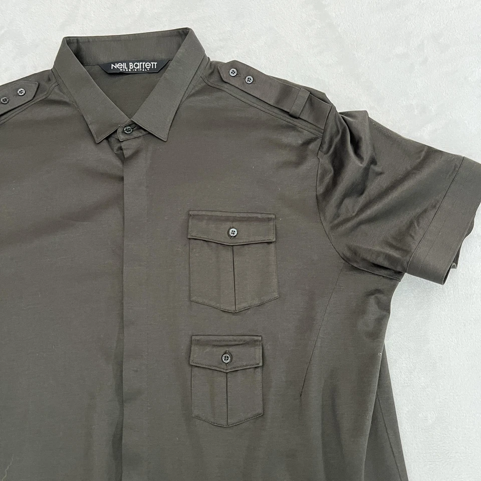Neil Barrett Shirt Mens 17 43 Green Epaulette Military Double Pocket Made Italy - Image 2 of 4