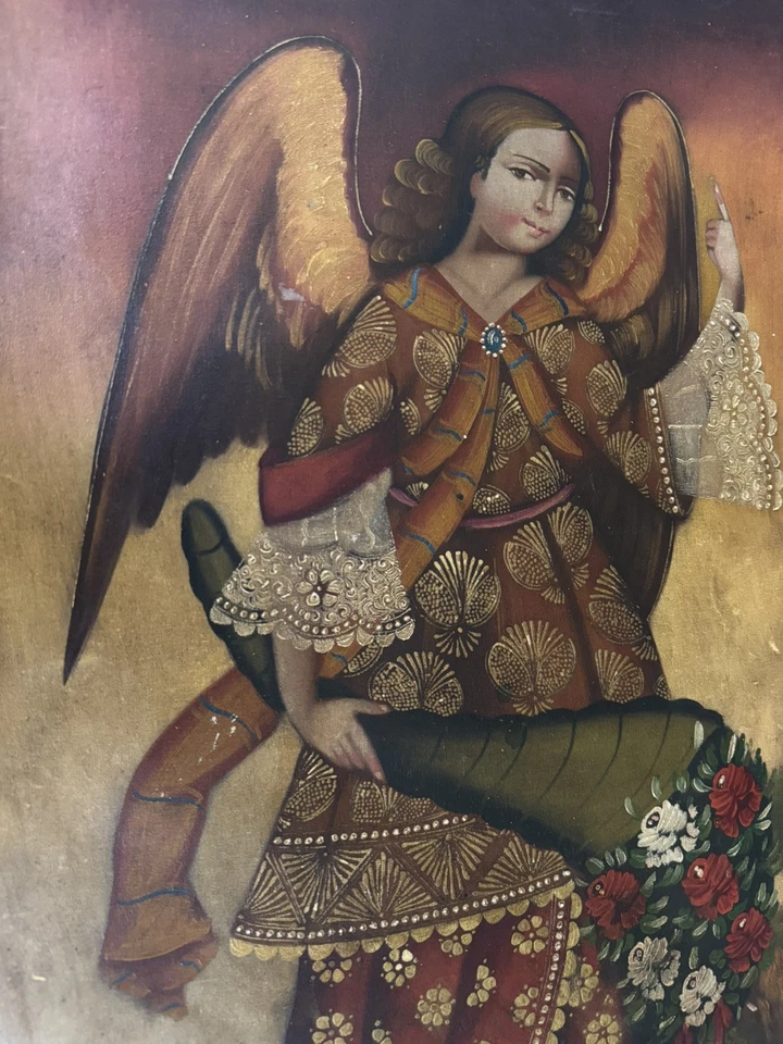 Antigua pintura al óleo colonial de Cuzco Arcángel Gabriel 25,5X18 pulgadas Foto 2 de 4