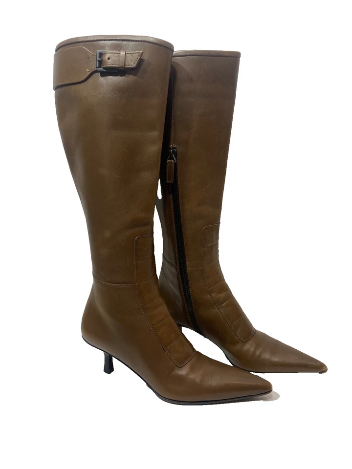 GUCCI Women's Brown Leather Tall Boot Pointed Toe Kitten Heel Buckle Size 5B - Image 2 of 4