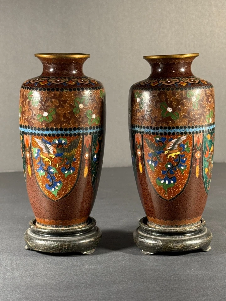 Pair Japanese Meiji Cloisonné Ando Vases c.1900 Birds & Flowers on Wood Bases - Image 3 of 4