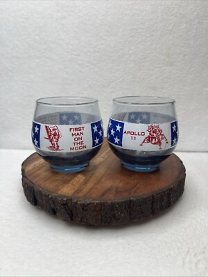 Set Of Two Apollo 11 First Man on The Moon 1969 Souvenir Glasses Low Ball Used