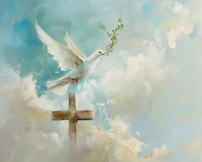 A Dove with Olive Branch over Cross 8x10 Matte Print
