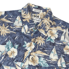 Pierre Cardin Mens Blue Tropical Sailboat Hibiscus Cotton Button Down Shirt M