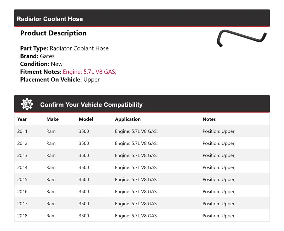 Для 2011-2018 Ram 3500 5,7 л V8 газовый радиатор охлаждающая жидкость шланг верхние ворота 2012 2013 - Изображение 2 из 4