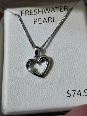 Sterling Silver Freshwater Pearl Heart Necklace In Original Box NOS 925