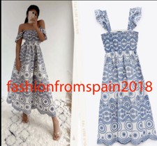 ZARA NEW MIDI STRAPPY RUFFLED DRESS CUTWORK EMBROIDERY ECRU NAVY S,M,L 4387/084