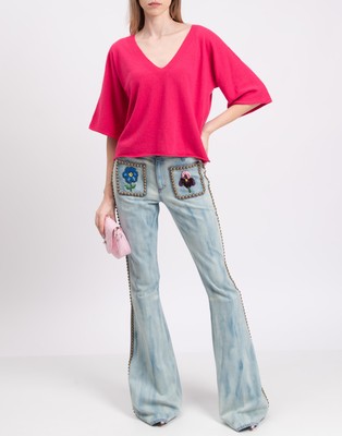 VICOLO Pink Jumper One Size Cashmere Wool & Angora Blend Raw Edges Made in Italy
