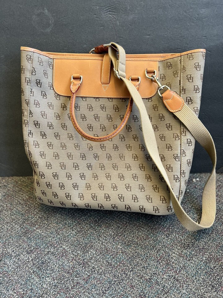 Dooney & Bourke Brown Jacquard Canvas & Tan Leather Large Shoulder Tote