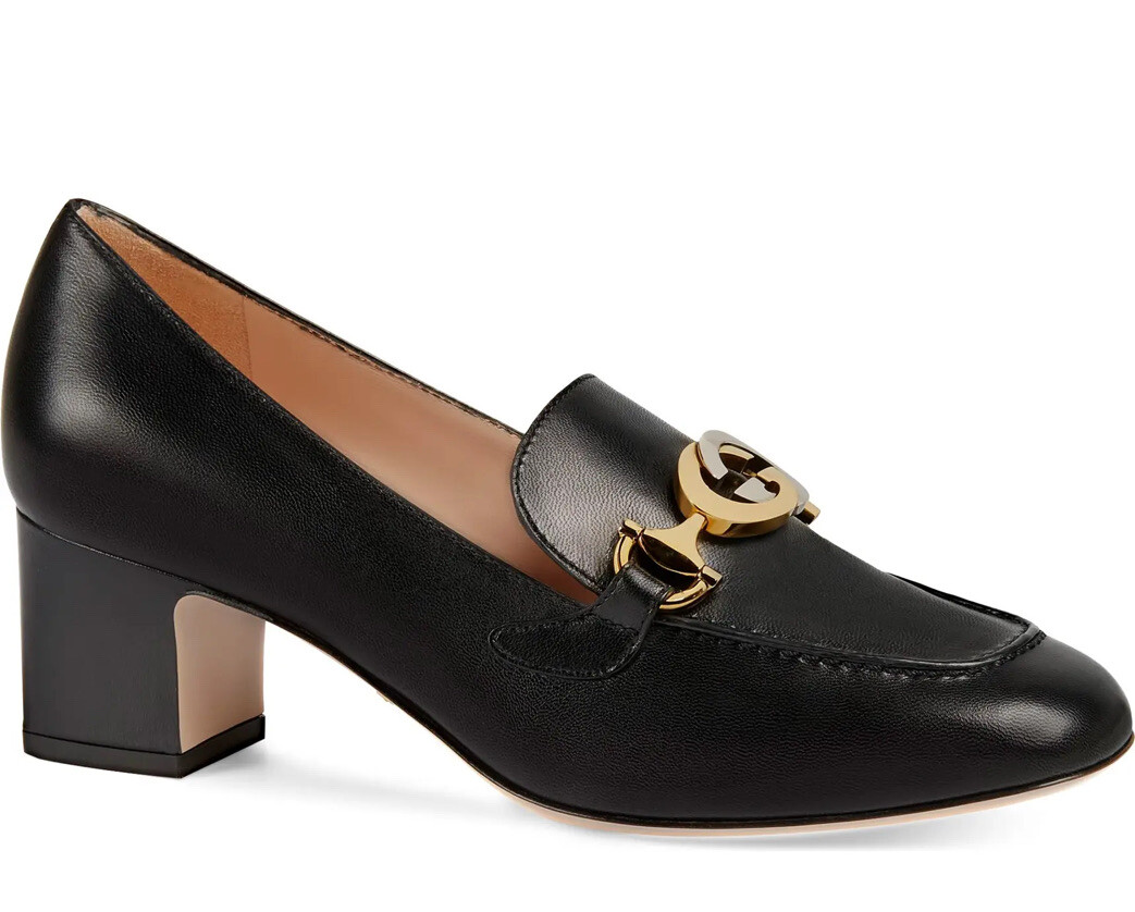 GUCCI Women's Zumi GG Logo Bit Leather Heeled Loafer Pumps Black