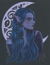 Gothic Fantasy Art PRINT Fairy Elf Moon Moonlight Celestial Blue Purple Stars