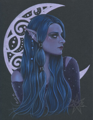 Gothic Fantasy Art PRINT Fairy Elf Moon Moonlight Celestial Blue Purple Stars