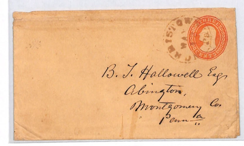 USA Classic Stationery Cover 3c Env RED-BROWN *NORRISTOWN* CDS Abington PA XU165 - Image 3 of 4