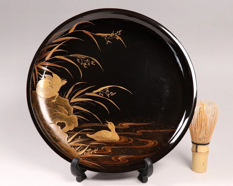 Par de placas de laca japonesa de 9,76 pulgadas de oro que fluyen agua y aves era Meiji siglo XIX Foto 4 de 4