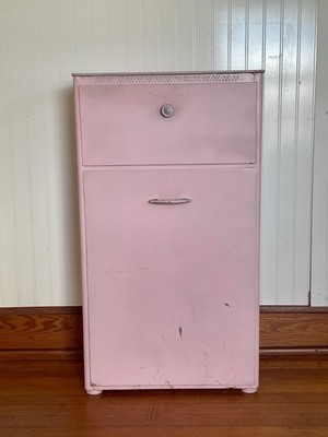 Vintage MCM Detecto Pink Metal Laundry Hamper Station w/ Storage Drawer