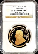 2010 GOLD SOUTH AFRICA 600 MINTED 1oz KRUGERRAND BERLIN PRIVY NGC PROOF 69 UC