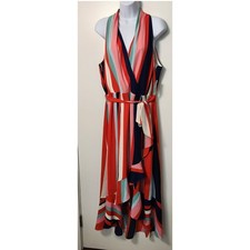 DR Collection Donna Ricco NWT Stripe Halter Midi Dress Faux Wrap Tiers Ruffle 14