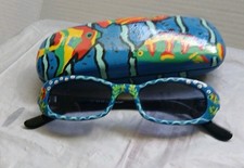 Womans Hand Painted Tropical Sunglasses With Case Blue-Red-Green Art Wear Unique
