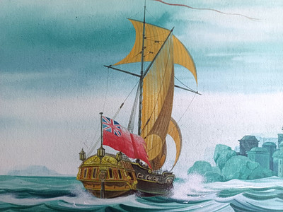 Richard Golding Constable Gouache Gemälde Britische Galeone Schiff Meer Vintage Kunst