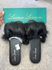 Fluffy Black Faux Fur Lauren Lorraine Slippers Slides Size 10 New In Box